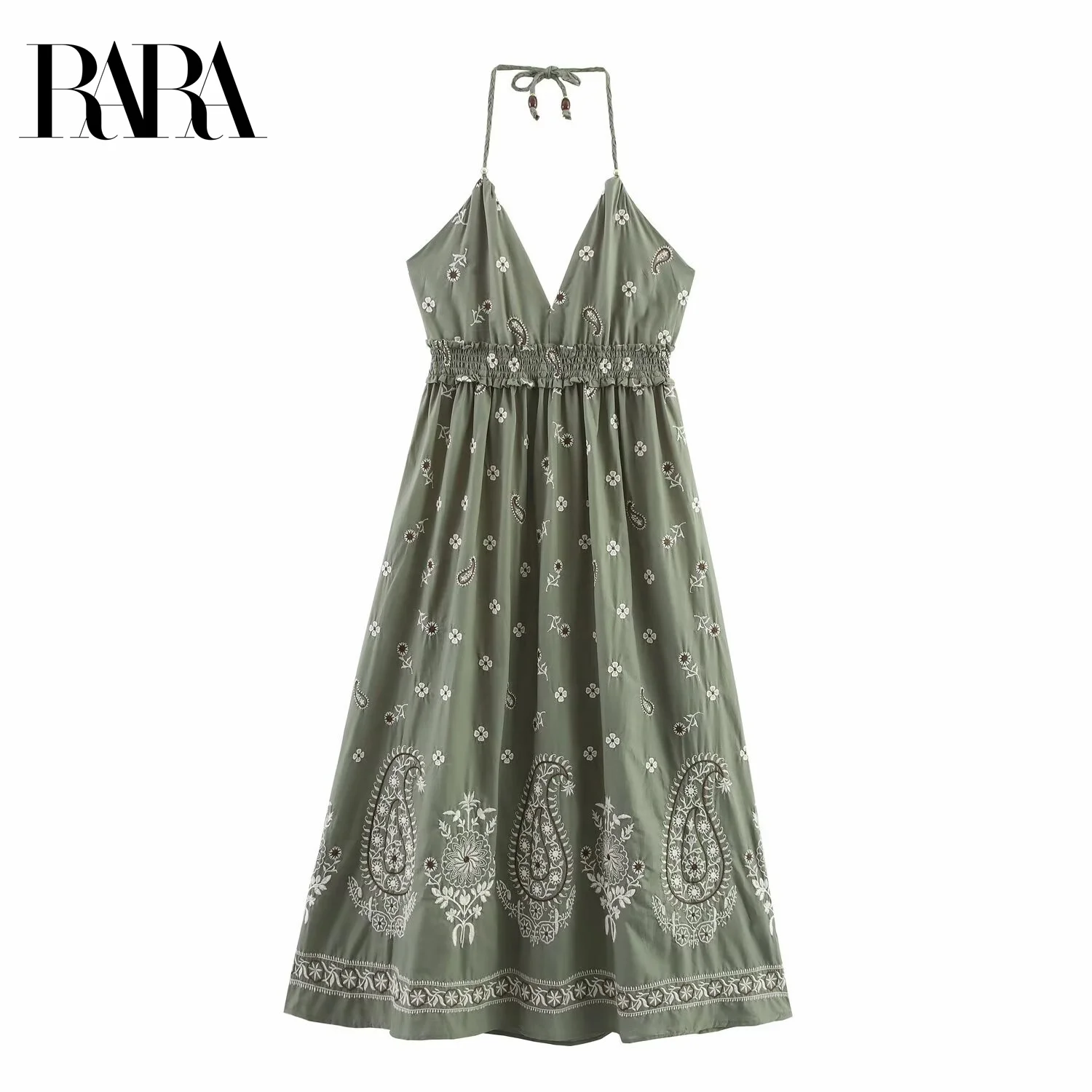 

RARA Women's Summer New Exquisite Embroidered Decorated Casual Elegant V Neck Sleeveless Halter Neck Mid Length Dress Backless