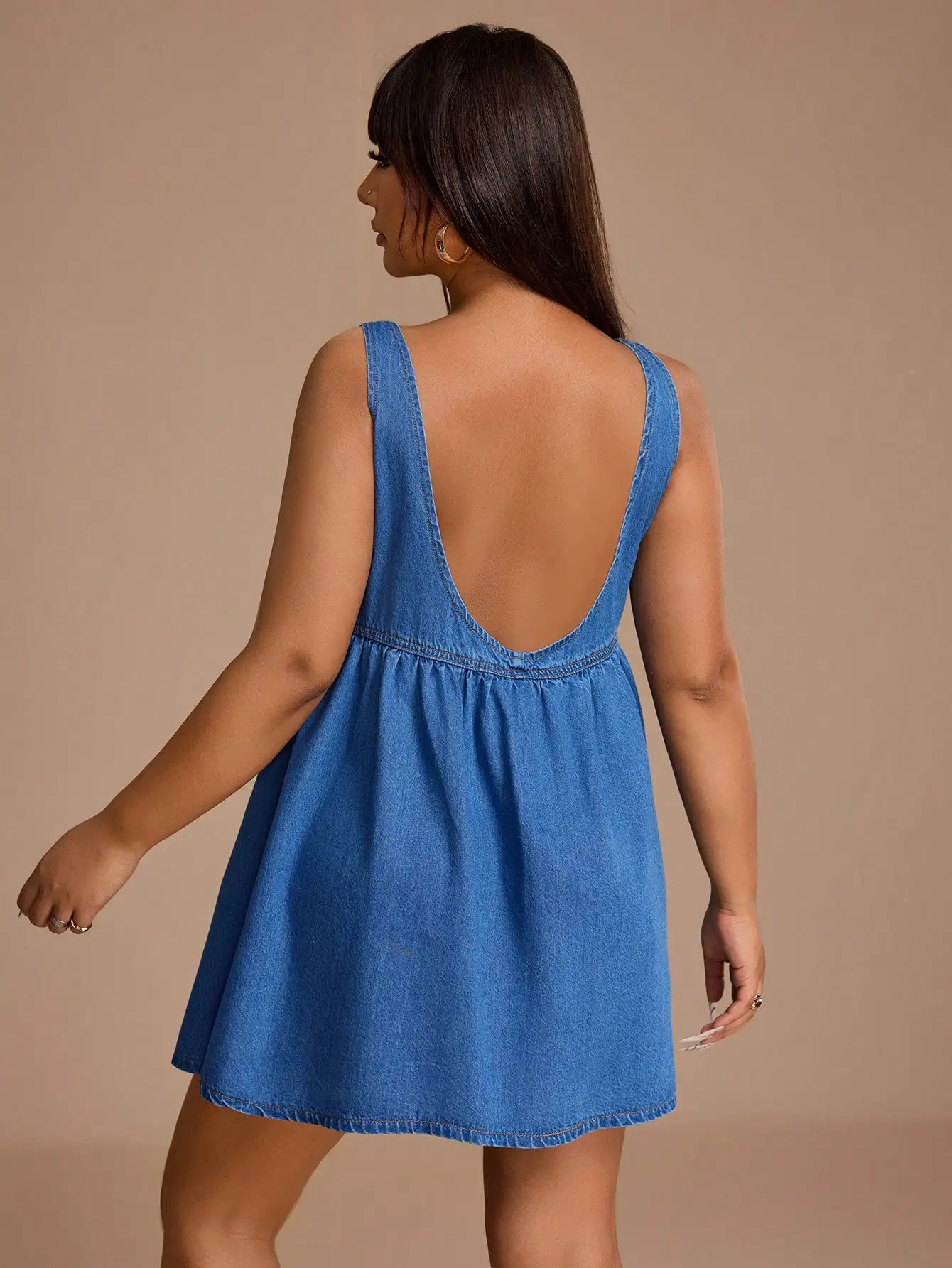 Summer V-Neck Sleeveless Washed Blue A-Line Plus Size Women Denim Mini Dress