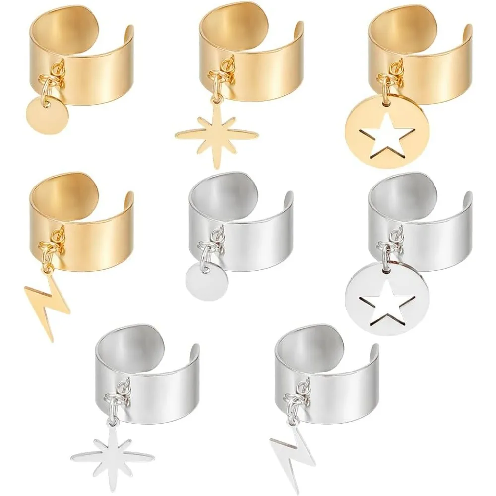 8Pcs 4 Styles Stainless Steel Charm Rings Open Adjustable Rings with Round Lightning Pendants Fashion Ring for Anniversary