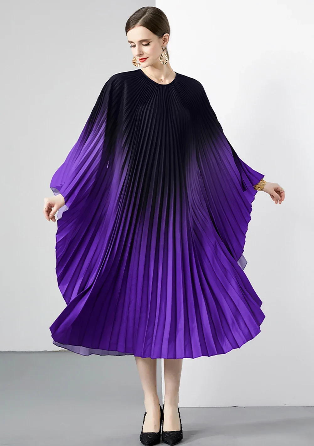 

Miyake New autumn Pleated Long Dress Women Batwing Full Sleeve Gradient Loose Vintage Party Dresses Vestidos 2023