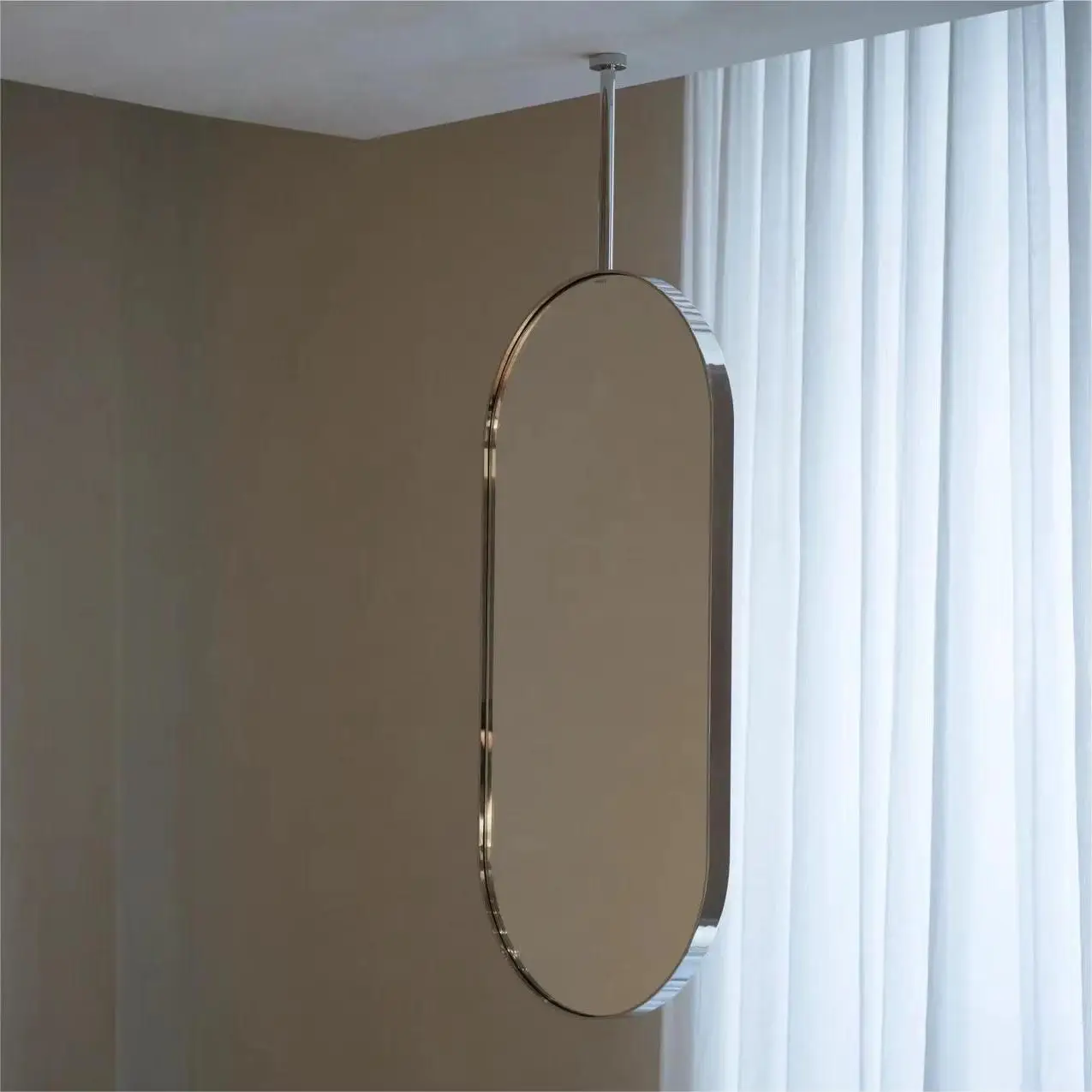 Double-Sided Stainless Steel Oval Bathroom Mirror Hanging Ceiling Suspended Mirror for Hotels and B&Bs with Hanging Rod