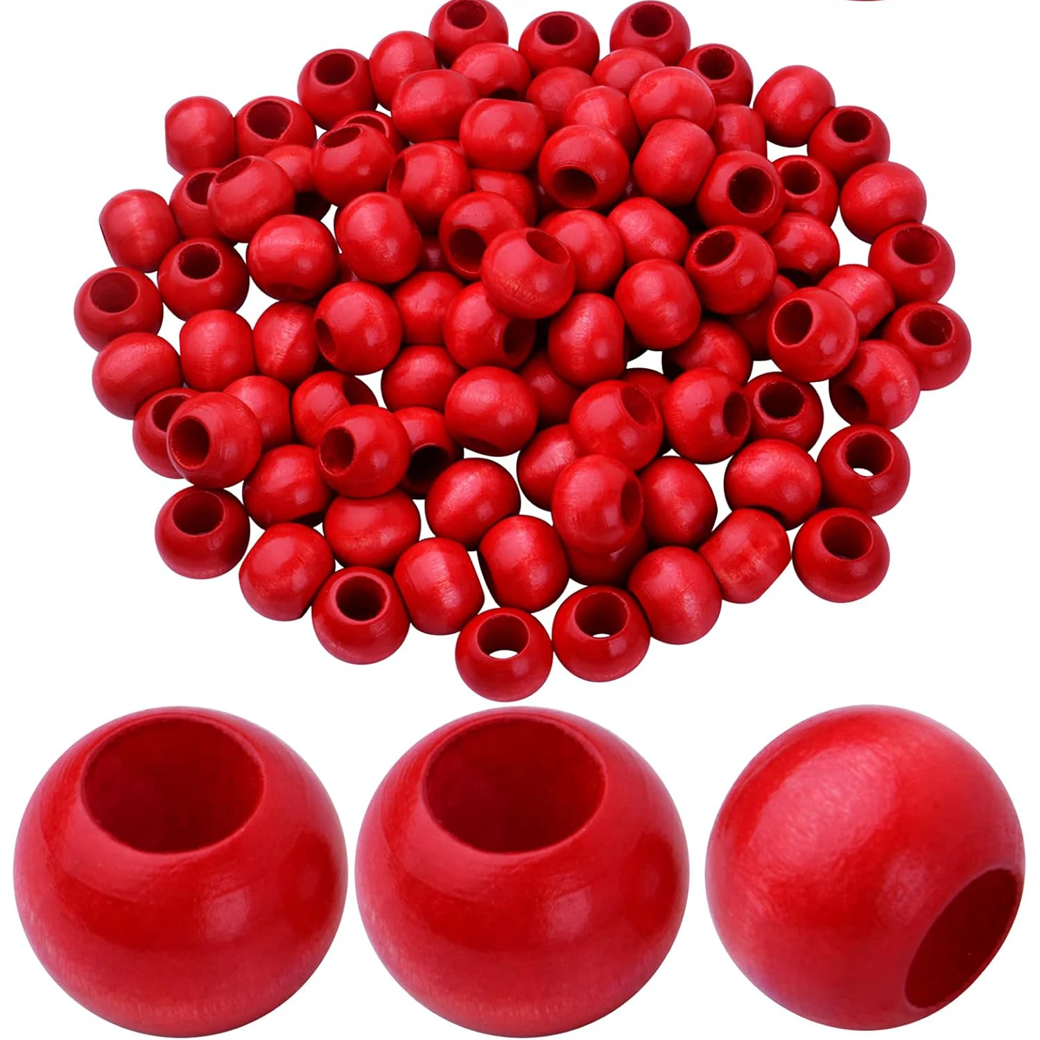 

100pcs 20mm Red Wooden Spacers - Large Hole, 10mm, Ideal for Jewelry Crafts & Decorations