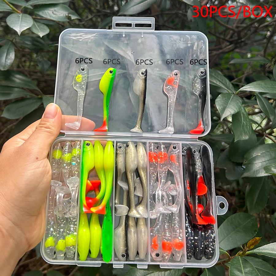 30 unids/caja Drop Shot Easy Shiner Señuelos de Pesca Set Swimbait Wobblers para PikeTail Jig Head Kit de cebo Artificial gusanos blandos carpa