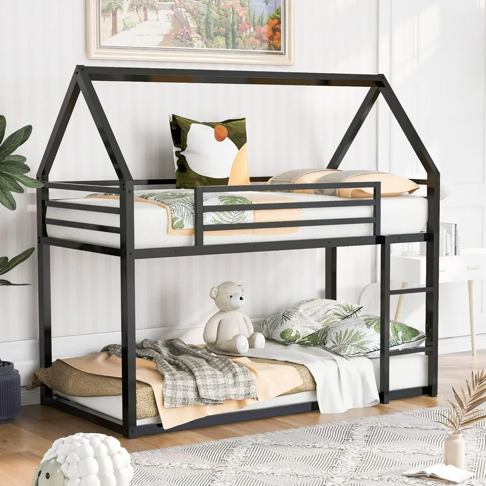 

Modern Twin Over Twin Metal Floor Bunk Bed with Ladder and Guardrail, House Shaped Bunk Bed Frame with Metal Slats