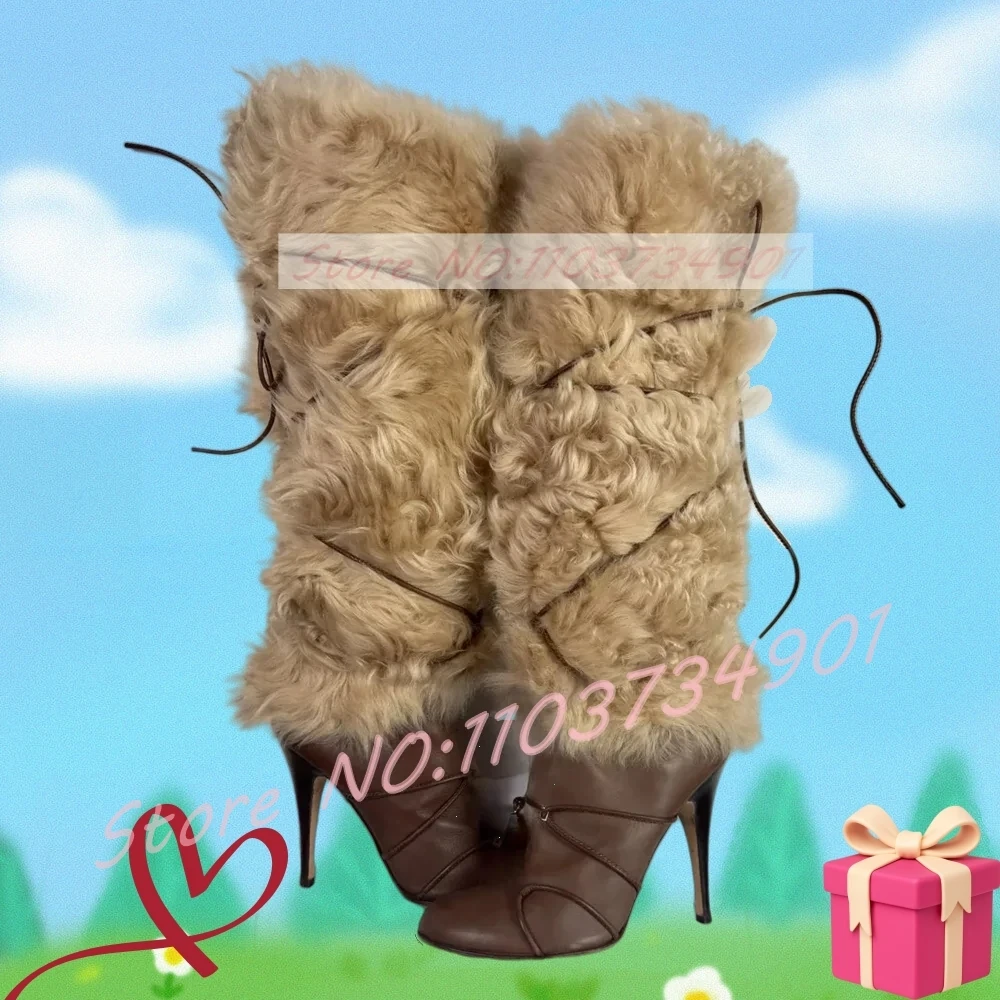 

Brown Fur Lace Up Knee High Boots Women Streetwear Round Toe Cross Strap High Heels Shoes Female Big Size Party Sexy Boots