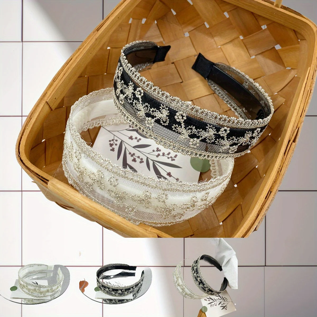 

French Lace Embroidered Headband with Wide Non-Slip Grip Vintage Mesh Elegant Home Luxury Hair Accessory
