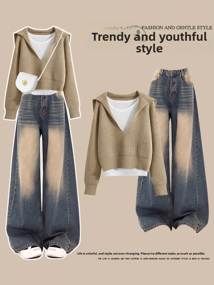 

Elegant plus Size Autumn Denim Set Women's Knitted Sweater High Waist Slim Wide Leg Pants Three Piece Set Fashionable Ensemble