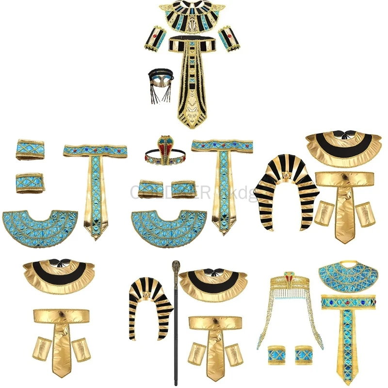 Halloween Egyptian Costume Accessory Set King Pharaoh Belt Collar Wristbands King Costume for Men Role Play Cosplay