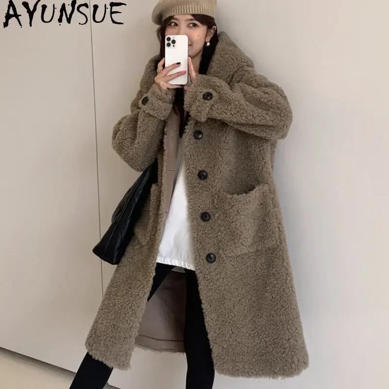 AYUNSUE 100% Sheep Shearing Jacket Women Elegant Winter Wool Jackets Fur Coat Hooded Long Coats Korean Fashion Abrigos SGG1297