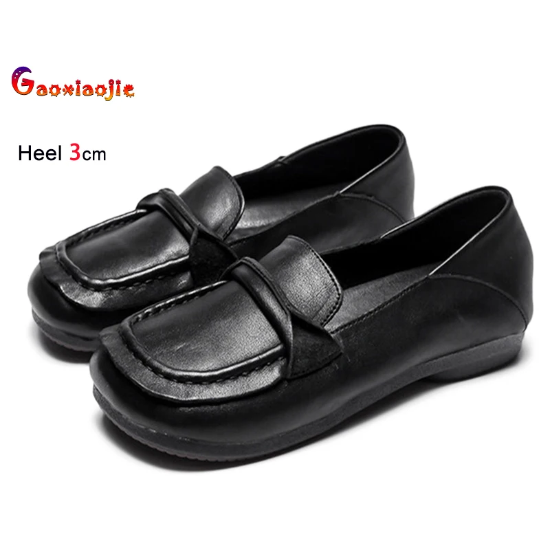 

Черные женские повседневные туфли из коровьей кожи, лоферы на мягкой подошве 3 см для женщин, удобные легкие туфли-шапочки для мамы на плоской подошве для ленивых