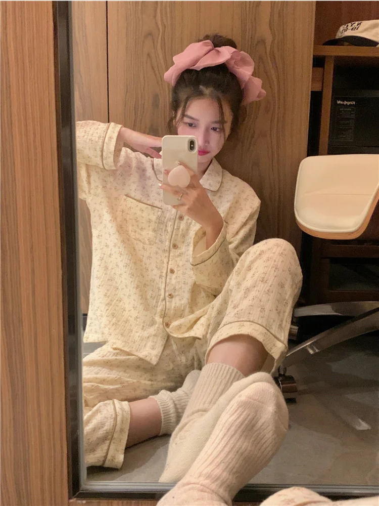 

Pajama Sets Women Retro Cozy Feminine Fashion Print Korean Preppy Style Casual Sleepwear Basic Comfortable Sweet Long Sleeve New