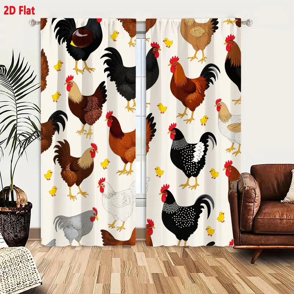 2Pcs Curtains 2D Flat Cartoon Farm Chickens Seamless Pattern: Black Roosters Brown Hens White Gray Dotted Chicken & Yellow Chick