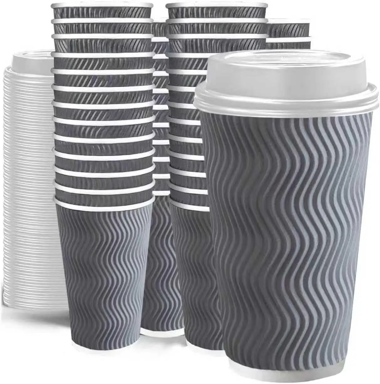 

Набор из 100 термоизолированных бумажных стаканов с крышками, с двойными стенками и рифленым дизайном, для горячих напитков, какао, серый цвет