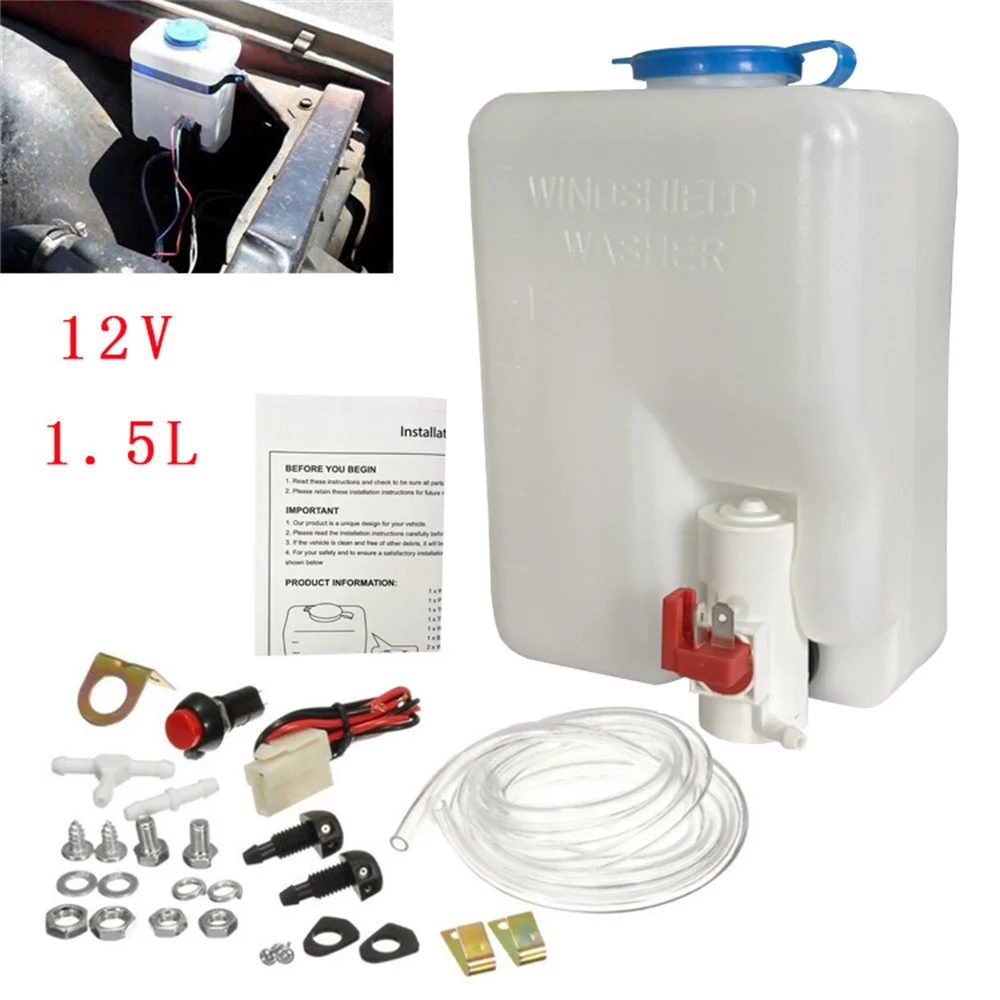 For 1.5L 12V FUniversal Windshield Washer Bottle Tank Pump Wiper System Reservoir Kit Jet Switch Clean Tool