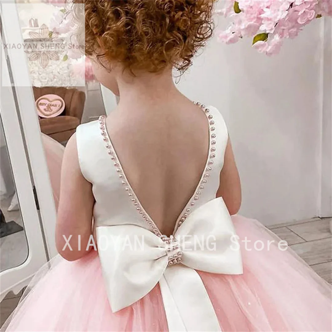 Pink Flower Girl Dresses For Weddings Pearl Neckline Open Back Princess 1st Communion Dress With Bow Kids Formal Party Gowns