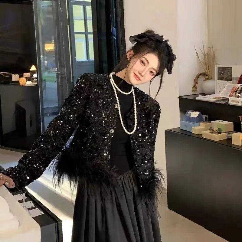 

2026 Spring Women Jacket Coat New Glitter Coarse Floral Short Coat Top