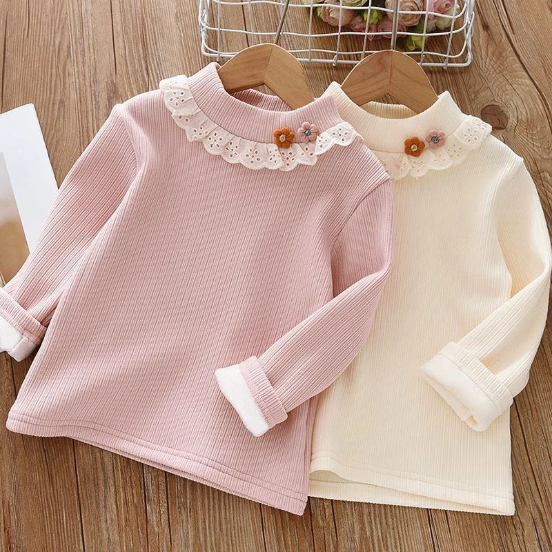 1pcs Children's T-Shirts Flower Decoration Velvet warm top Kids Half High Collar Long Sleeve Base Shirt Girls Tshirts Clothes