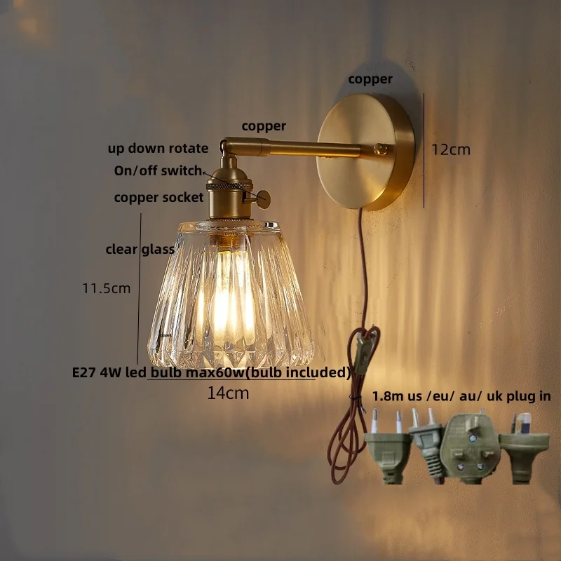 IWHD Up Down Rotate LED Wall Lights Study Cafe Nordic Modern Simple Clear Glass Copper Knob Switch Plug In Bedside Lmap Lighting