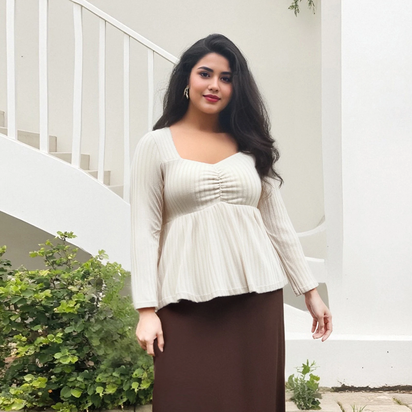 2025년 초가을 여성 가을 우아한 슬림 블라우스 솔리드 컬러 골지 긴팔 스윗하트 넥 셔츠 플러스 사이즈 탑