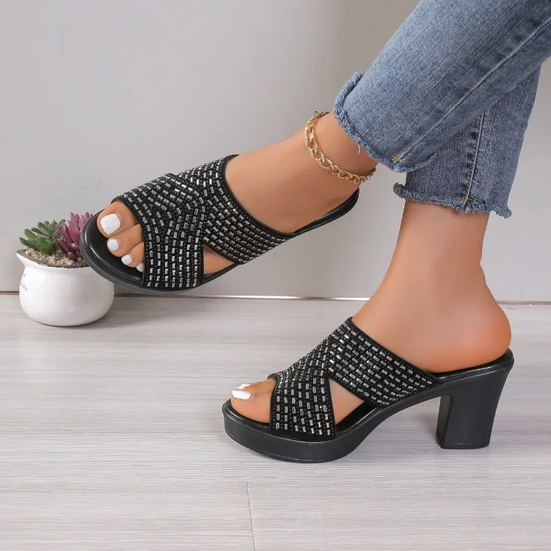 

2026 Summer New Fashion High Heel Sandals Women's Outside Wear Round Toe Rhinestone Block Heel Fish Mouth Slides Women Slippers
