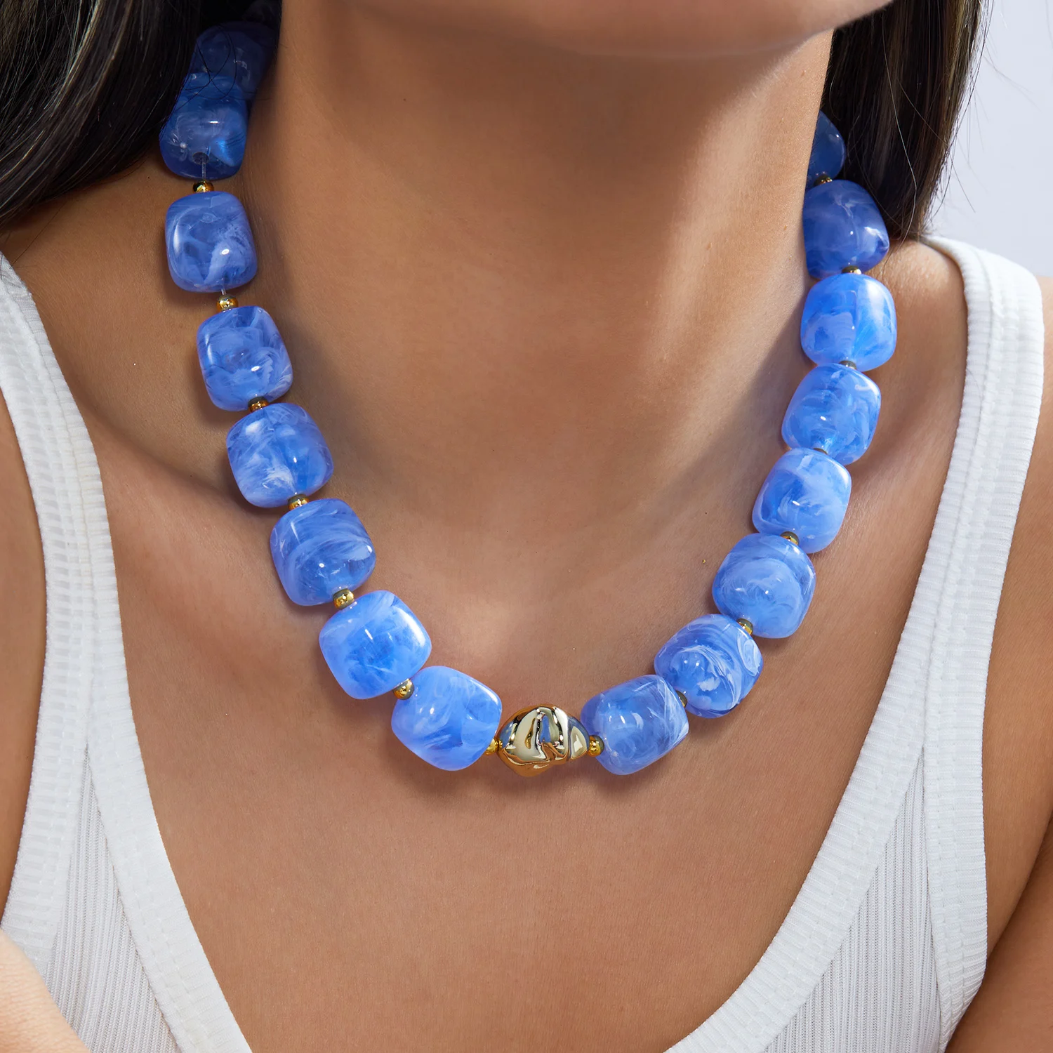 Böhmische Harz-Quadratperlen-Halsketten für Damen und Herren, Vintage Glatte Unregelmäßige Geometrie-Choker, Party-Schmuck-Geschenk – Detail 2