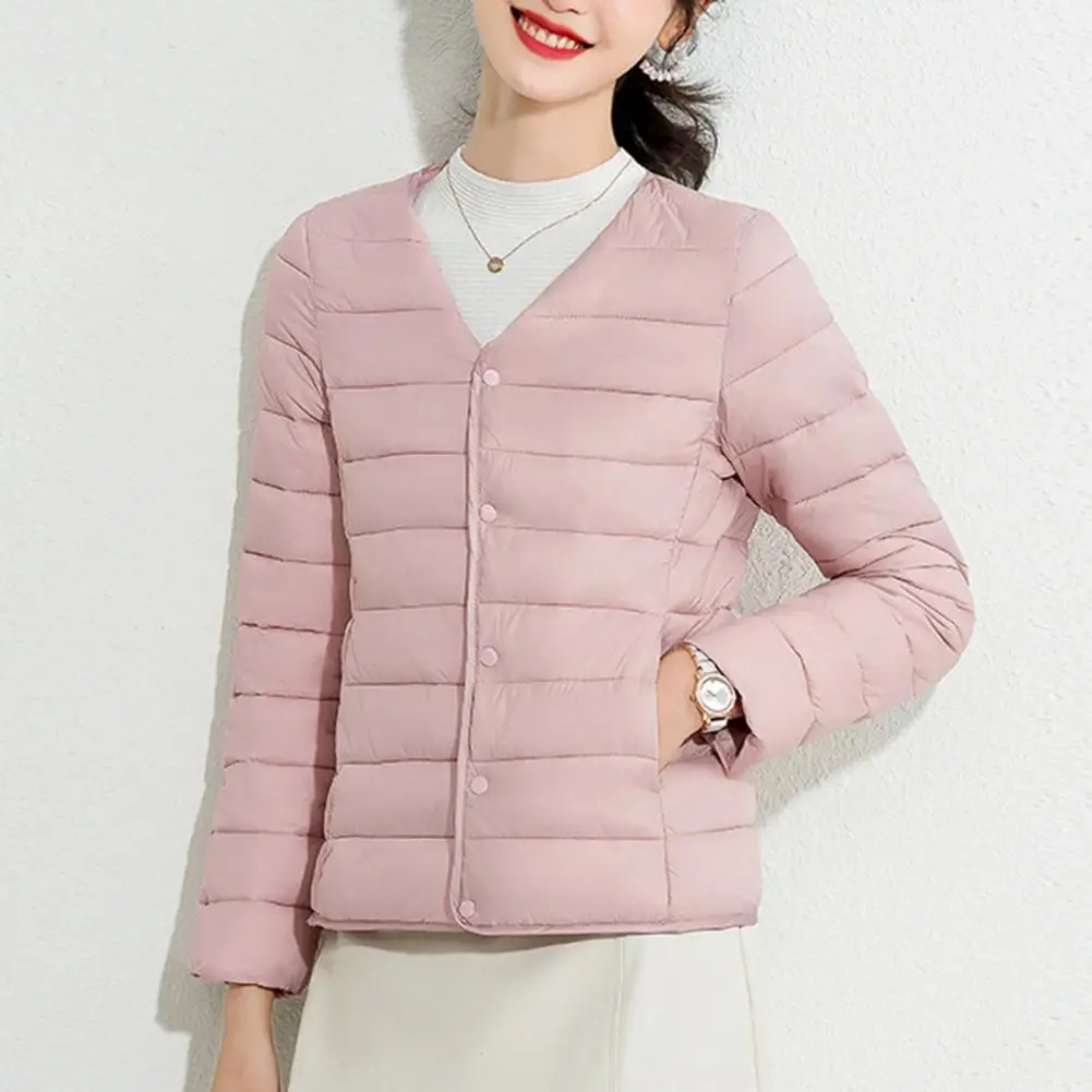 Women Fall Winter Coat Padded Single-breasted Solid Color Cardigan Long Sleeve Thick Warm Soft V Neck Windproof Lady Down Coat