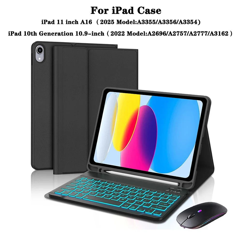 

Чехол-клавиатура для iPad 10-го поколения 10,9 дюймов, для iPad 11 дюймов A16 2025 Чехол для планшета со слотом для ручки и клавиатурой с подсветкой