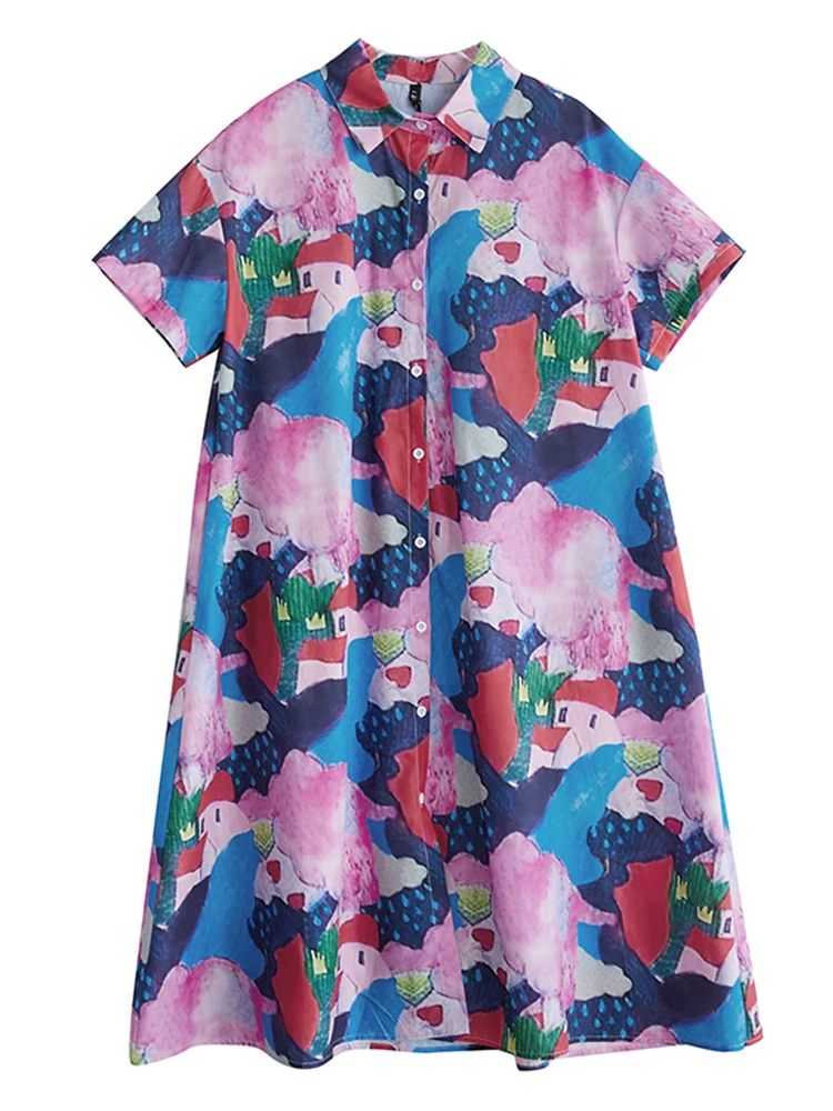 XITAO, vestido camisero Irregular con estampado holgado, informal, corte en A, un solo pecho, vestido de verano de manga corta con cuello vuelto para mujer ZMY1136