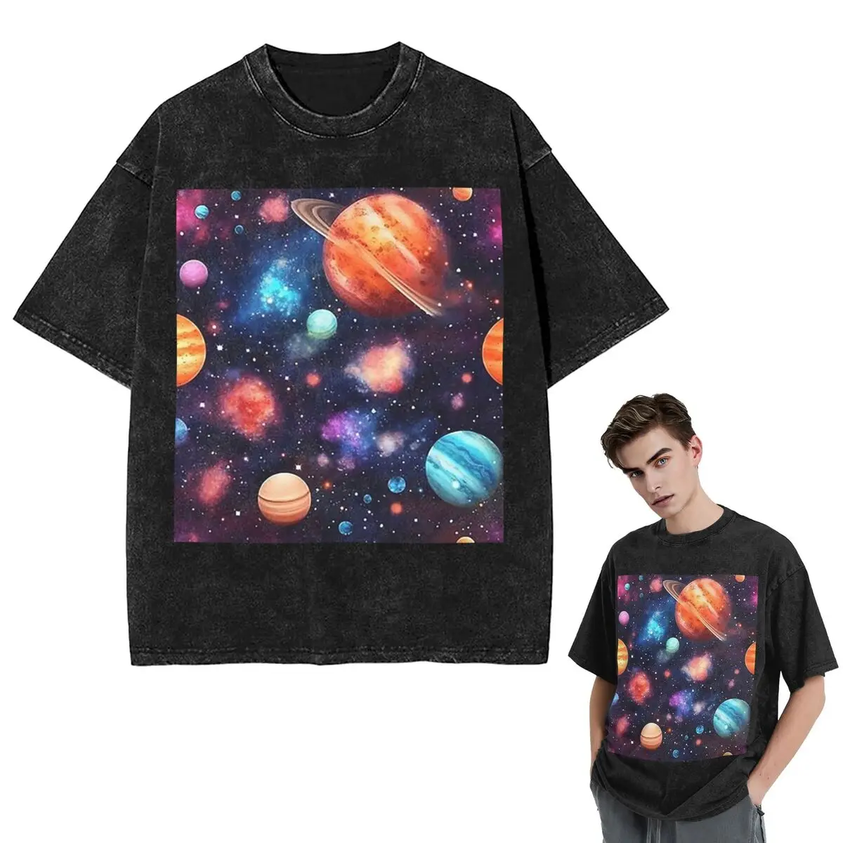 

Уличная одежда Футболки Солнечная система Космические планеты Вселенная Промытая футболка с коротким рукавом Футболка в стиле хип-хоп Топы Футболки для мужчин и женщин