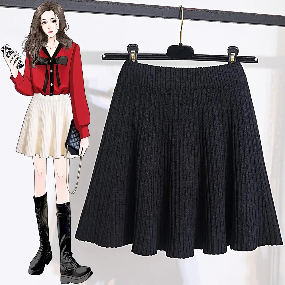 

AUtumn Winter Vintage Knit Medium Mini Skirts Women Hight Waist Large Size 4XL Velvet Black Curry Apricot Korean Style Clothes