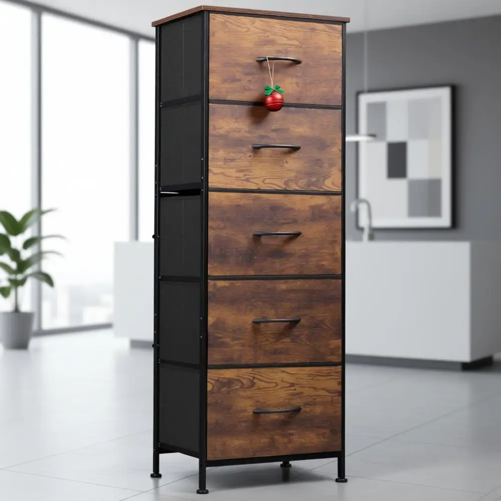 5-Drawer Tall Dresser with Fabric Bins, Wooden Top, Sturdy Steel Frame, Storage Chest for Bedroom, Closet, Hallway in Rustic Bro