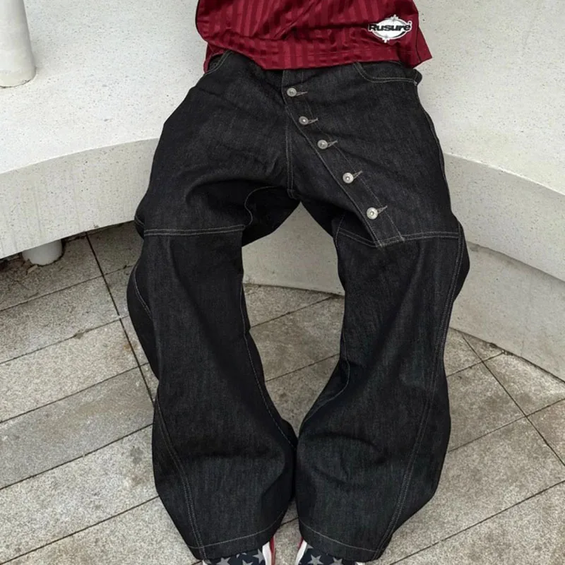 

Корейские джинсы с пряжкой High Street, изогнутые джинсы, осенние мужские свободные прямые брюки, черные широкие брюки, повседневные брюки, брюки в стиле хип-хоп