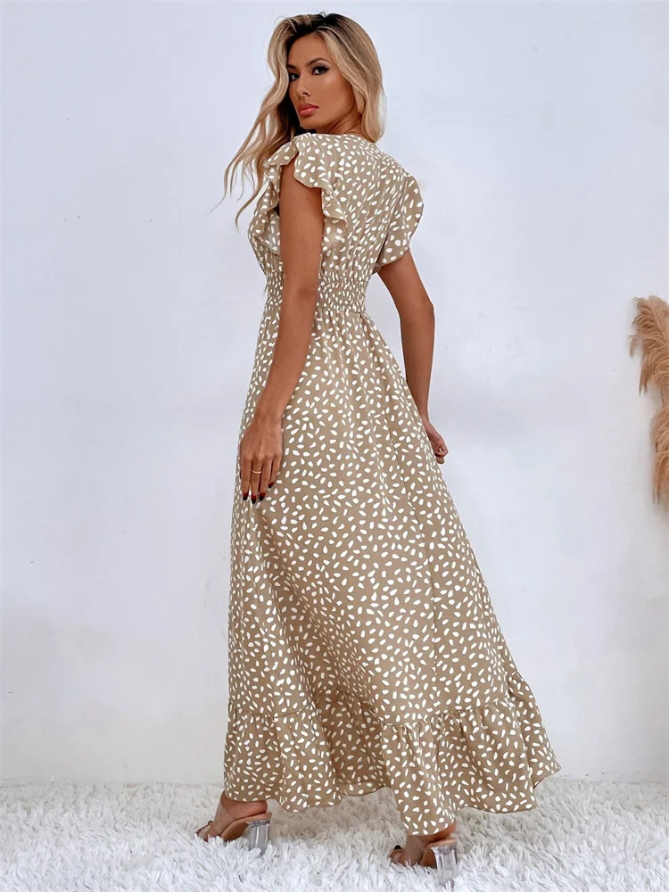 Msfilia V-neck Lotus Leaf Edge Elegant Dress Women Spring Summer Printed Long Dress