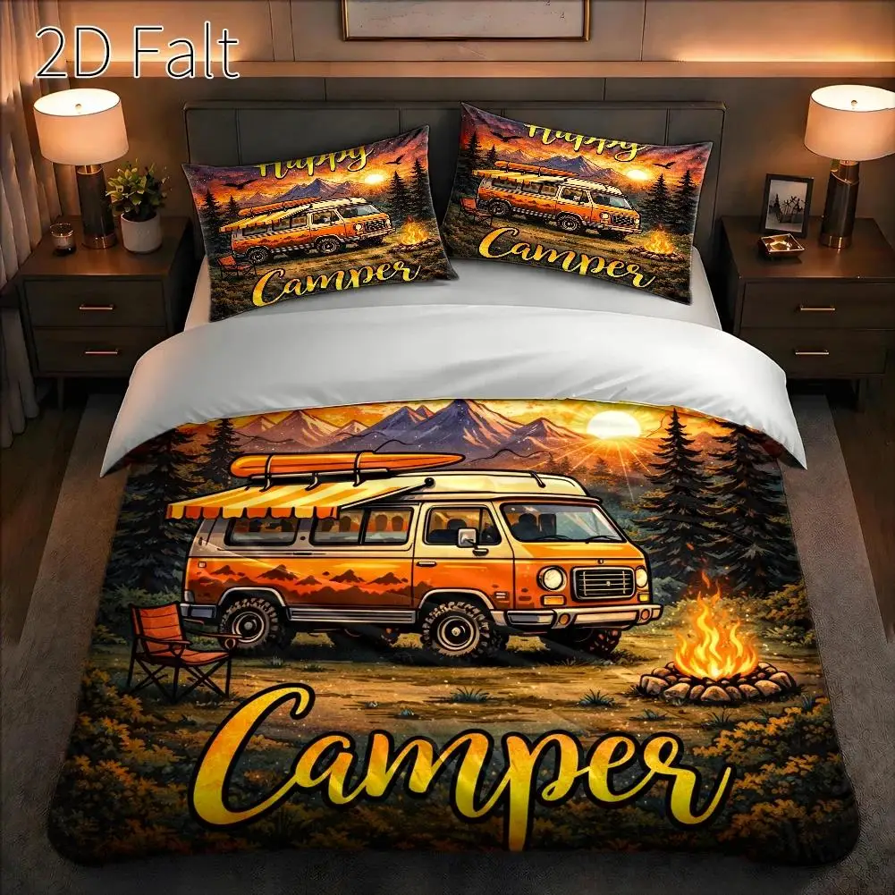 3-Piece Quilt Cover Set, 1 Quilt Cover + 2 Pillowcases (Without Filling) 2D Flat Printing, Camping Theme, Retro Style, Outdoor Festival, Leisure Style, Three-Piece Quilt Cover Set, Three-Piece Bedding Set, Quilt Cover Set, Large Quilt Cover Set, Suitable for All Seasons, Machine Washable, Invisible Zipper, Suitable for Home, Dormitory, Master Bedroom, Guest Room
