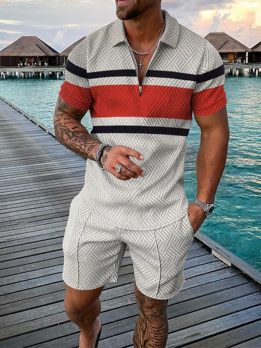 ハワイアン柄トラックスーツ上下セット 3Dプリント ジッパーポロシャツ 半袖シャツ＆ショーツ カジュアルファッション ジップアップ メンズ ツーピースセット