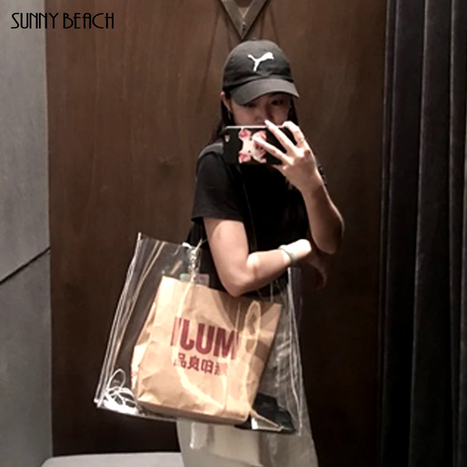 SUNNY BEACH Luxury Brand Clear PVC Women Handbags Jelly Transparent Plastic Summer Vacation Beach Shoulder Bags Totes Bag