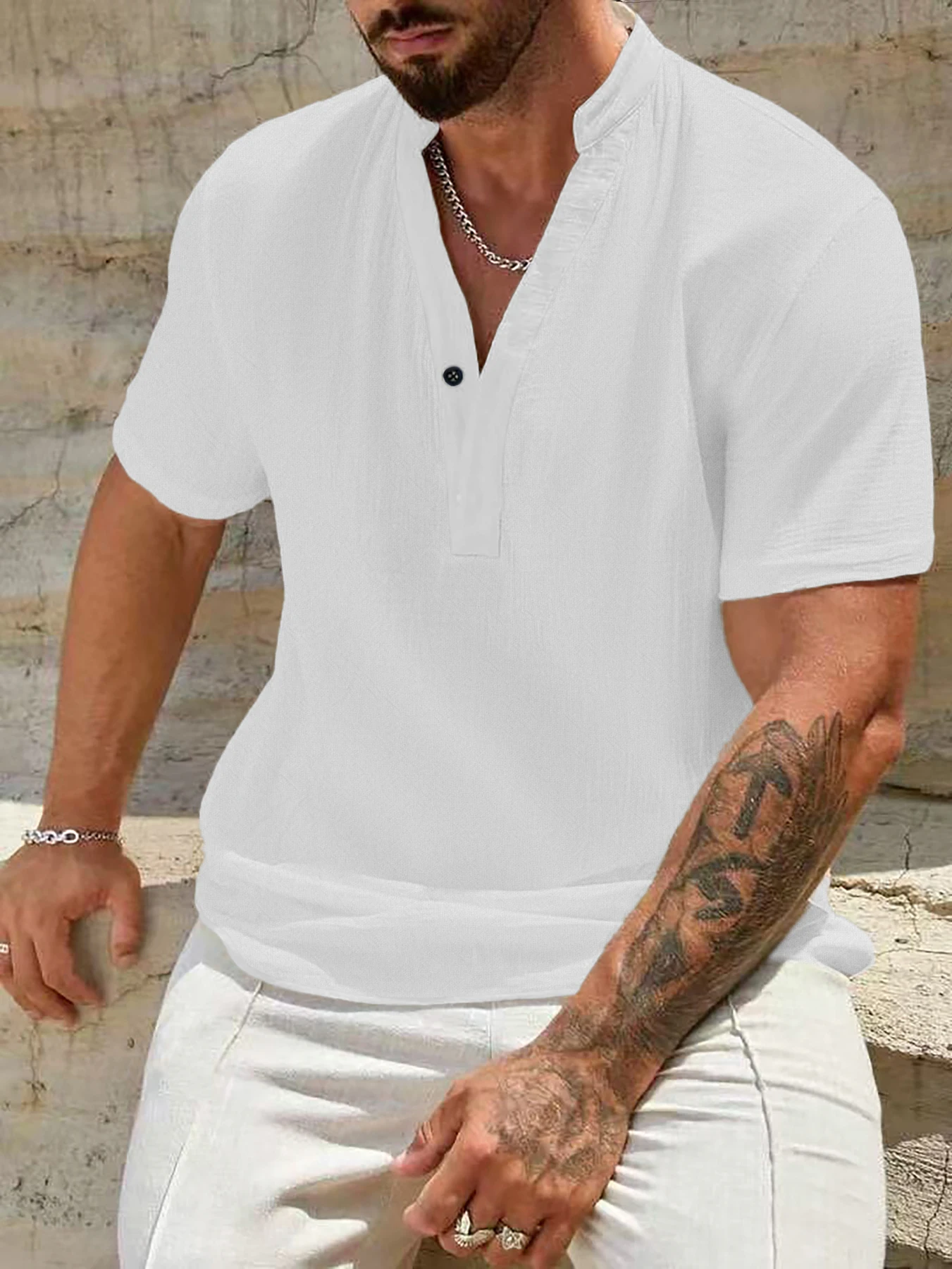 Men's standing collar Henry shirt Retro cotton and linen casual shirt Breathable short sleeved top Hot sale Men's wear