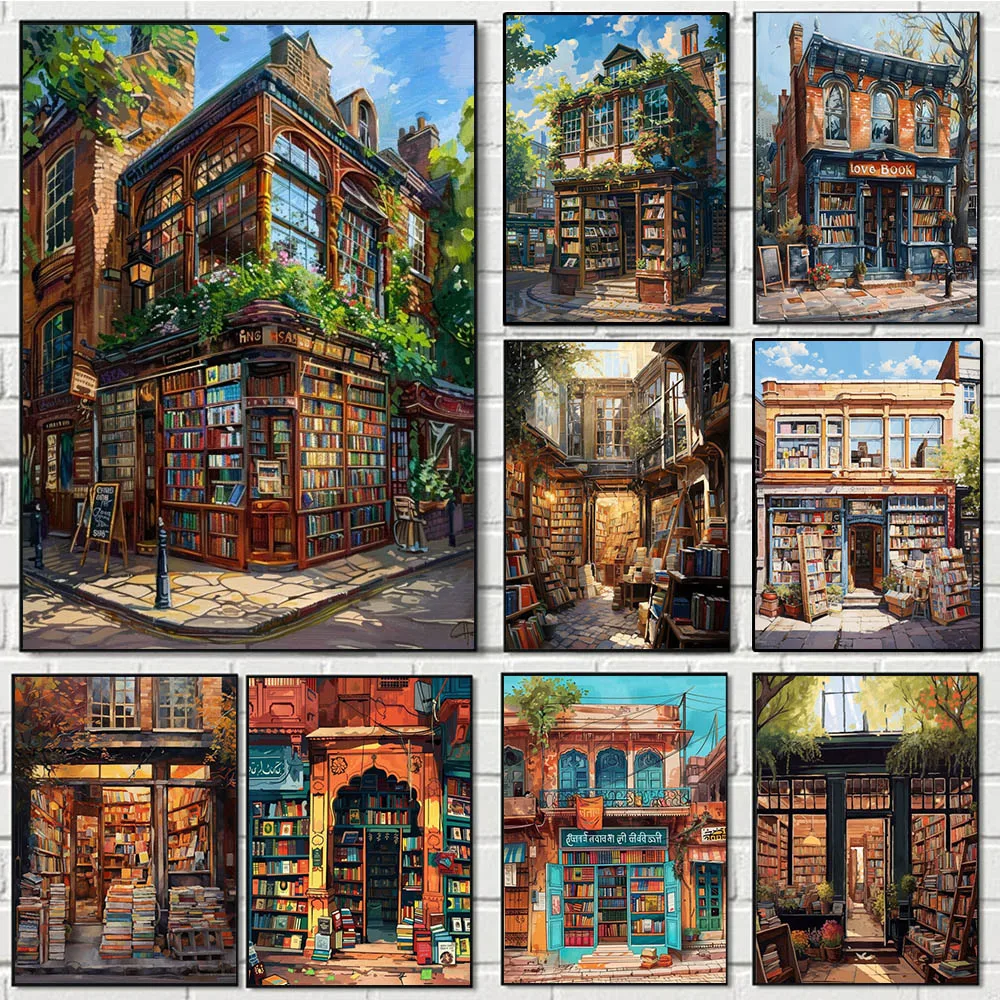 Retro City Bookstore Posters Print Travel City Bookstore Canvas Painting Bookstore Wall Art Library Home Decor Book Lovers Gifts