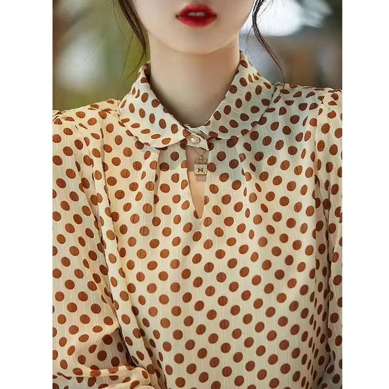 Women Korean Fashion Polka Dot Print Blouse Spring Autumn Beaded Hollow Elegant Chic Shirts Long Sleeve Loose Tops Blusas Mujer