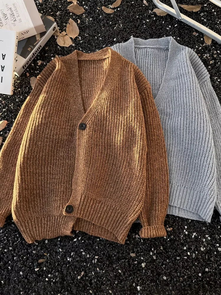 

Американский вязаный открытый кардиган в стиле ретро, свободный повседневный мужской свитер с v-образным вырезом, модная осень 2021, новинка Sle, полиэфирное волокно