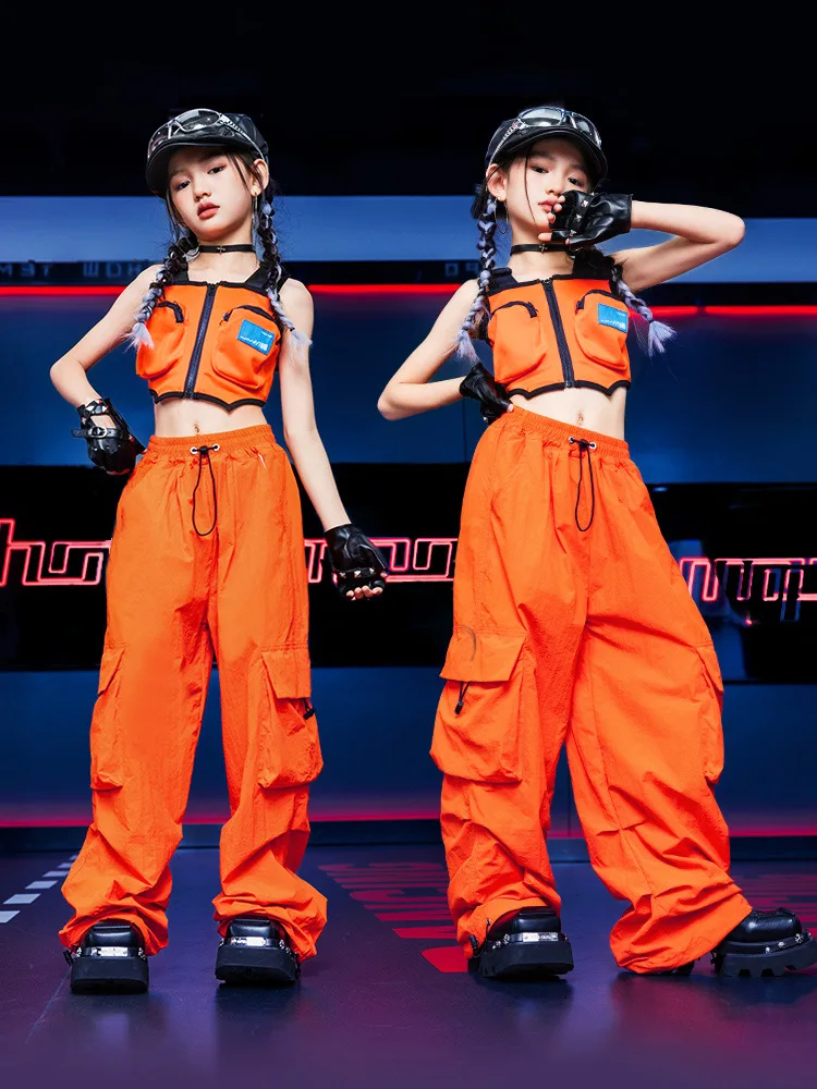 

Kid Kpop Hip Hop Clothing Orange Tactical Vest Crop Top Casual Pocket Parachute Cargo Pants for Girl Jazz Dance Costumes Clothes