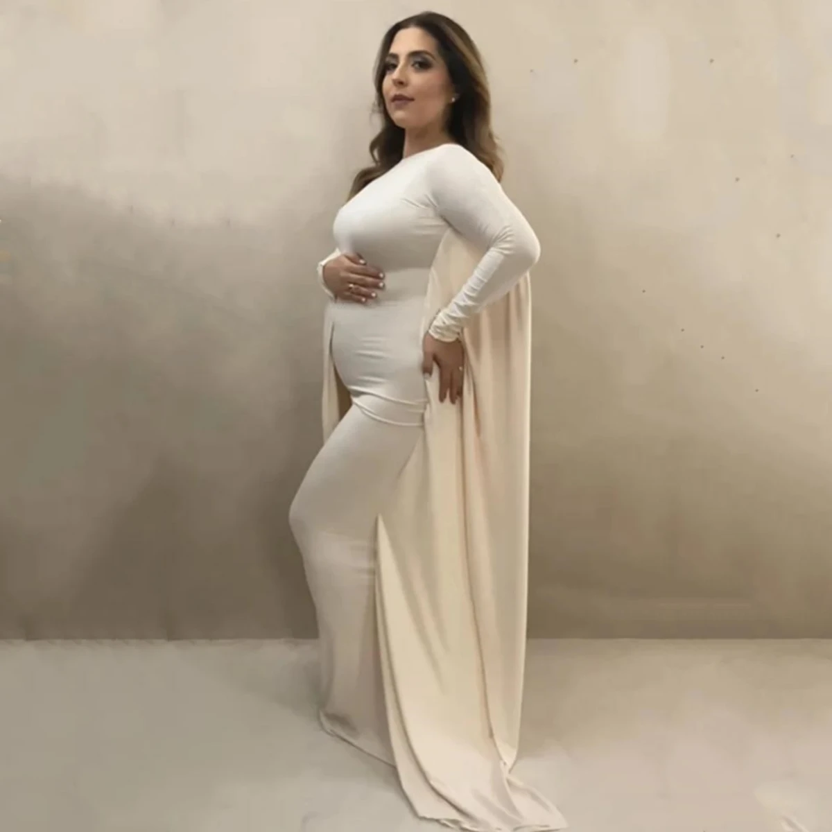 バットスリーブマタニティロングドレスストレッチボディコンベビーシャワーパーティードレスOネック妊娠写真撮影ドレス