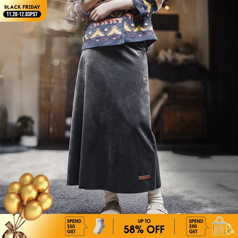 

Maden Women’s Velvet Skirt Vintage Mid-length A-line High Waist Skirt 250gsm Elastic Waist Gray Thick Skirt for Fall Winter