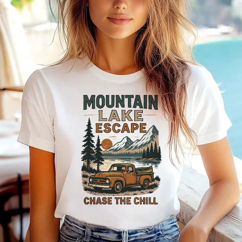 

Женская повседневная футболка с принтом Mountain Lake Escape, модная футболка в стиле Харадзюку с мультяшным уличным принтом и круглым вырезом