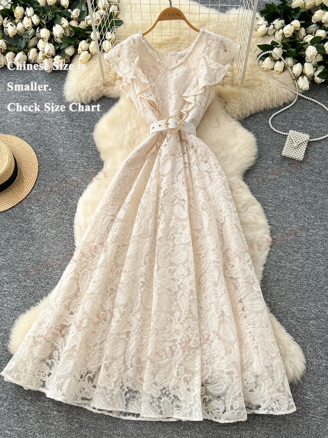 Pearl Neck Summer Lace Long Dress Women Flare Ruffle Sleeve A Line Pleated Crochet Embroidered Midi Dresses Evening Prom Vestido