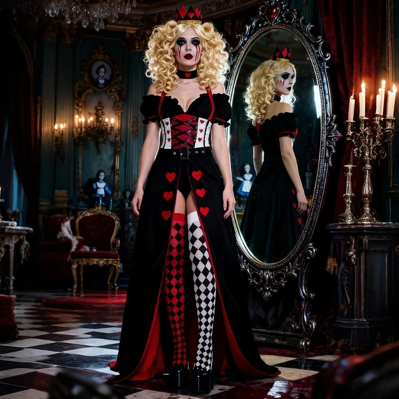 

Queen of Hearts Cosplay Gown - Black & Red Heart Print & Corset Design, Gothic Fantasy Outfit for Halloween & Themed Events