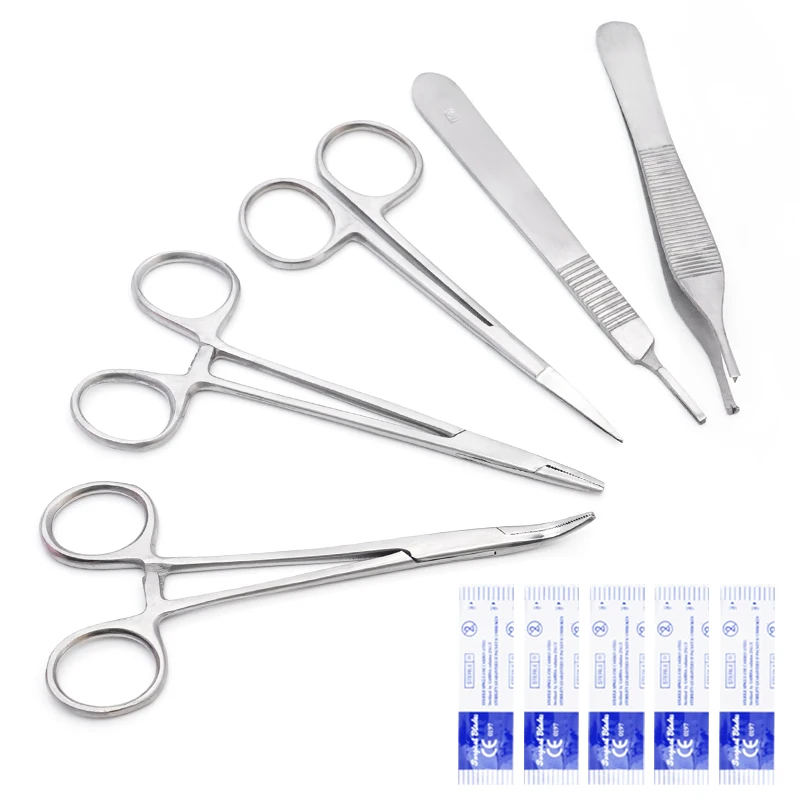 5pcs Stainless Steel Dental Surgical Tissue Tweezer Set with Scalpel Blades Surgical Scissors Forcep Hemostat Dentistry Tools