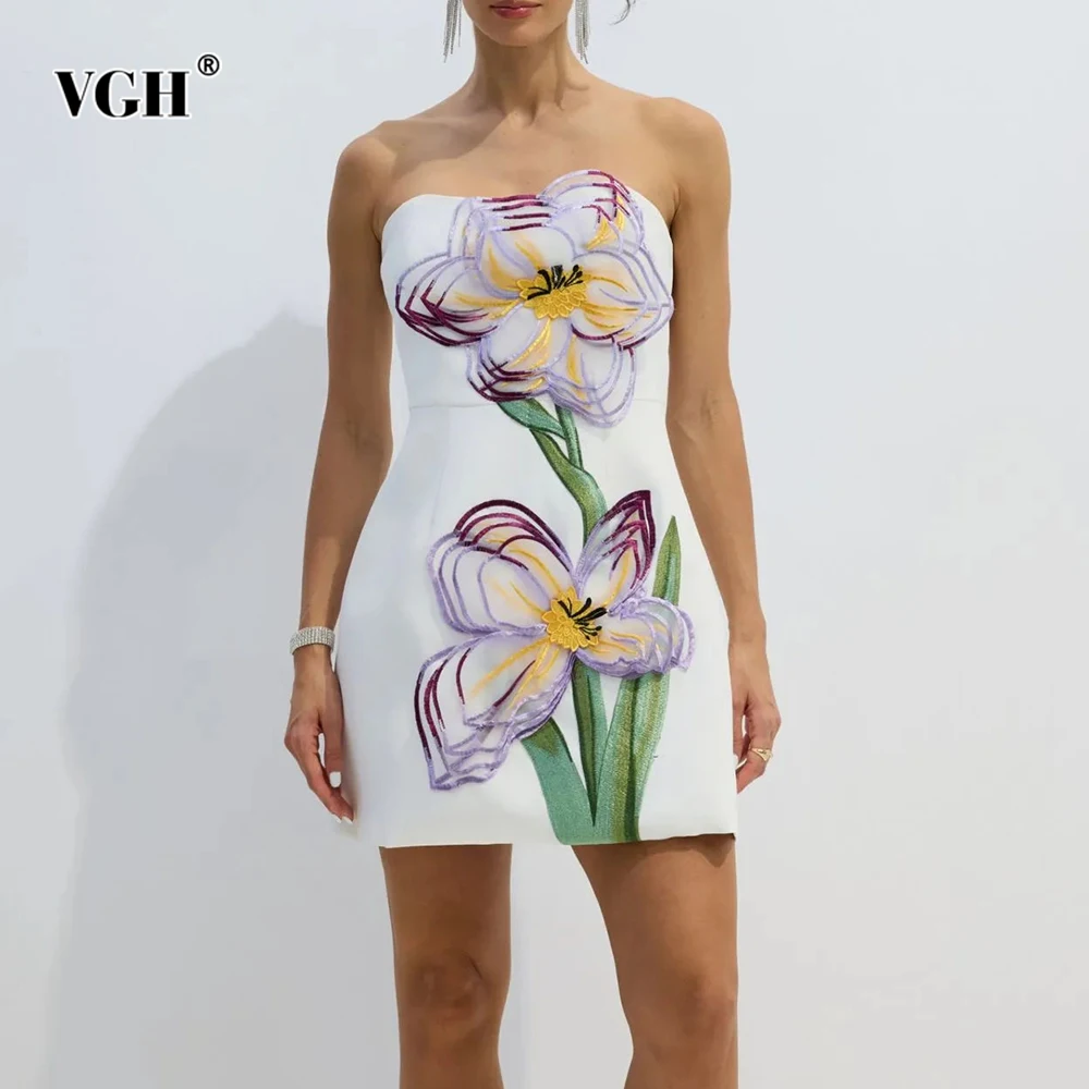 

VGH Designer Spliced Appliques Short Dresses For Women Strapless Sleeveless High Waist Elegant Dress Female Fashion Style New