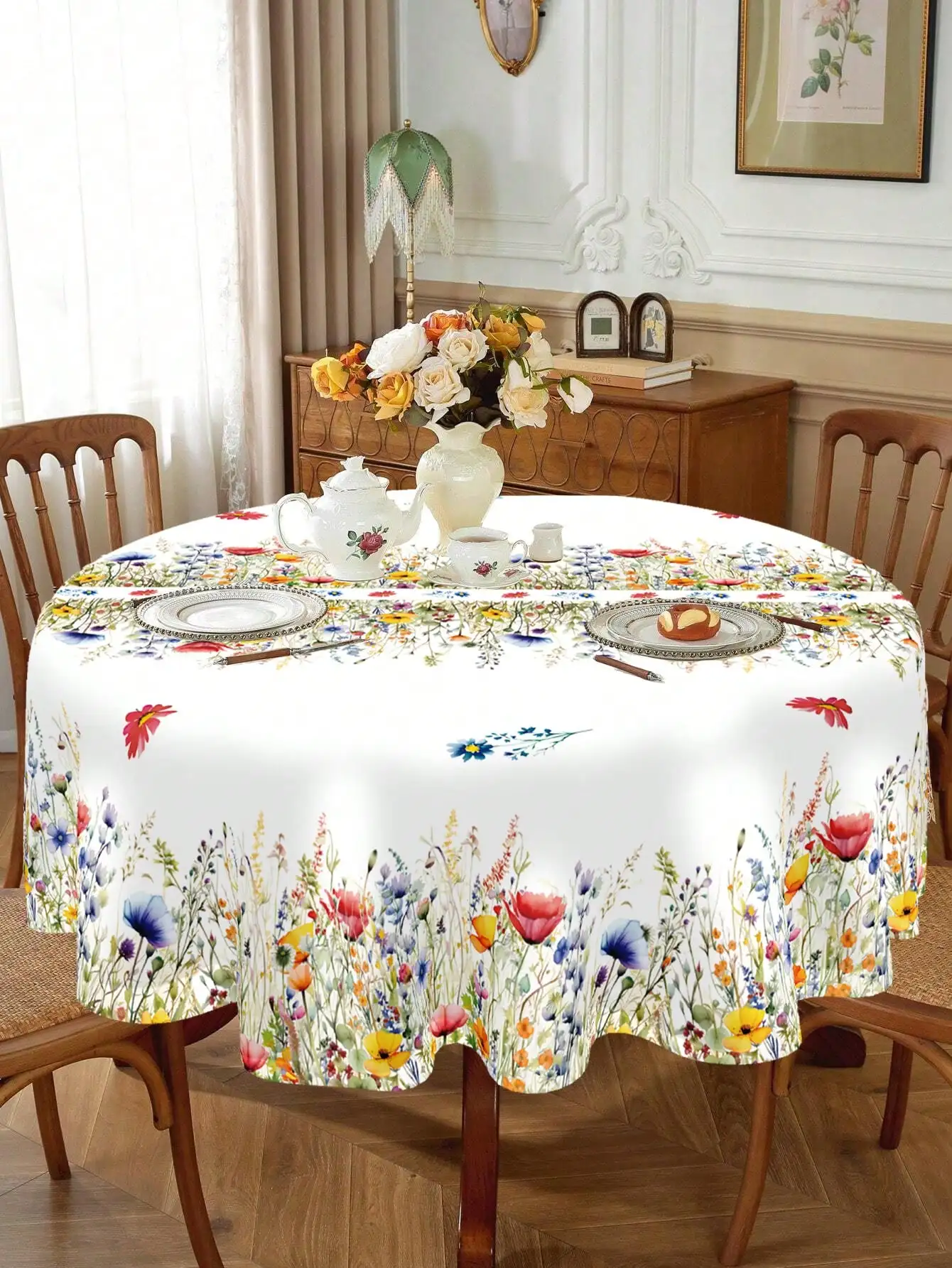 

Круглая скатерть 152x152 см с акварельным принтом диких цветов, из мягкого персикового бархата, для весеннего декора стола
