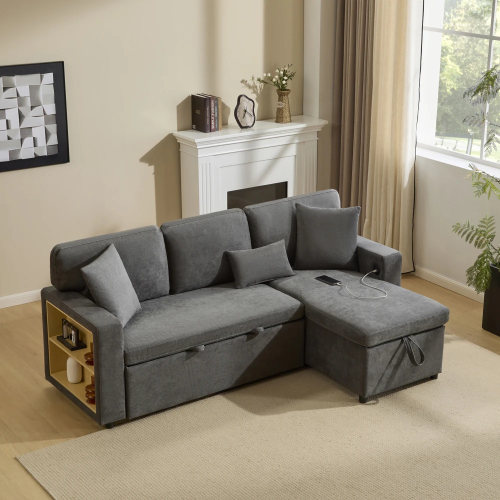 Sofá Cama en Forma de L de Lino Gris Oscuro, Sofá Esquinero Extensible con Caja de Almacenamiento Oculta, Estante Lateral y Estación de Carga USB Integrada